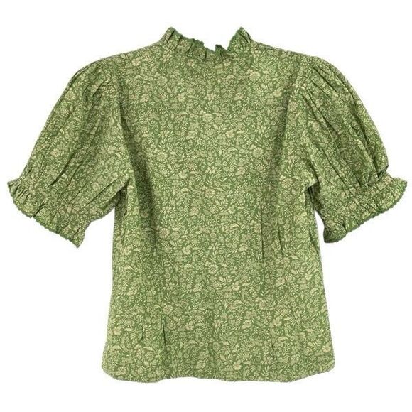 Doen Green Floral Button Front Ruffle Trim Short Sleeve Dauphine Blouse XS - Picture 3 of 12